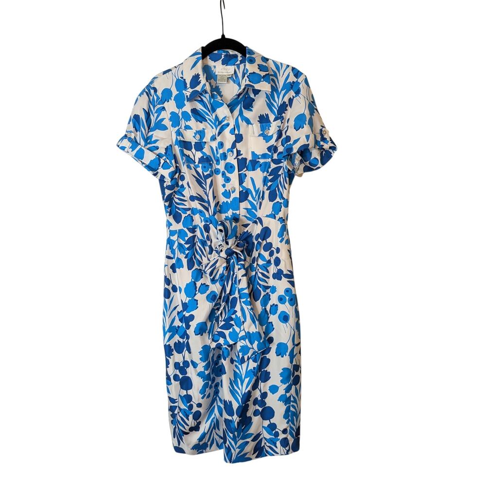 Donna Morgan 100% Silk Floral Wrap Shirt Dress Size 8 Blue White Coastal Chic